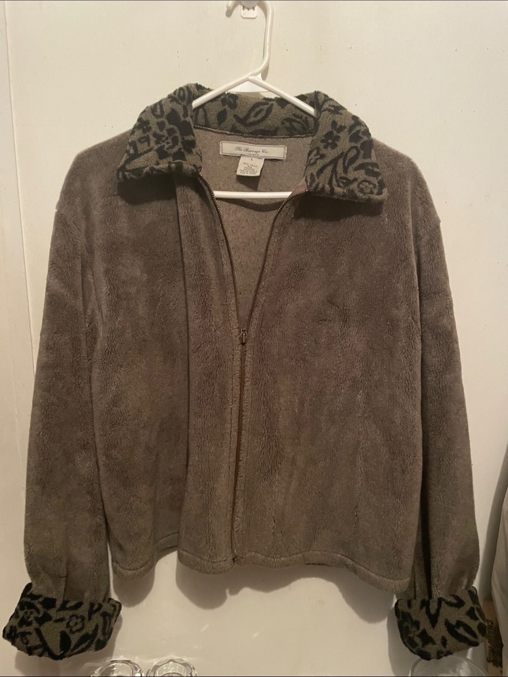 The Avenue Taupe Plush Zip Jacket with Patterned Trim